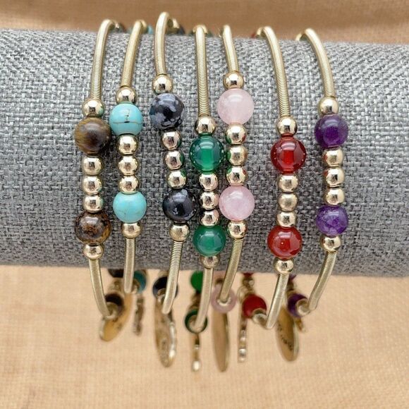 R.L. Graziano Inspire 7 pc Stretch Bracelets Semi Precious Gemstones Charms - Picture 2 of 7